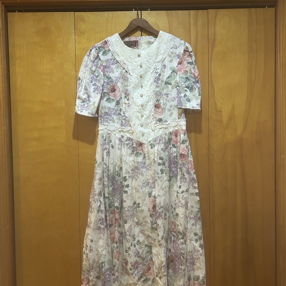 Vtg 80s‎ 90s Lisa II Cream Floral Dress Lace Size 10(Read) Prairie Cottagecore
